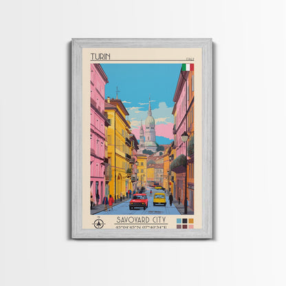 Turin Italy Travel Poster Framed Canvas Print, Midcentury Modern Art, Pop Art Wall Decor, Living Room Art, Home Decoration