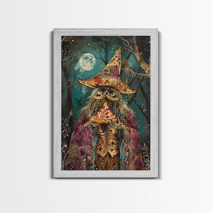 Ghostly Wizard Having A  Slice of Pizza, Funny Halloween Decor, Framed Canvas Print