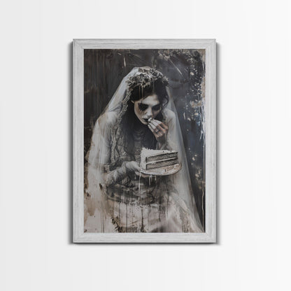 Melancholic Ghost Bride Having A Slice of Birthday Cake, Framed Canvas Print, Halloween Decor