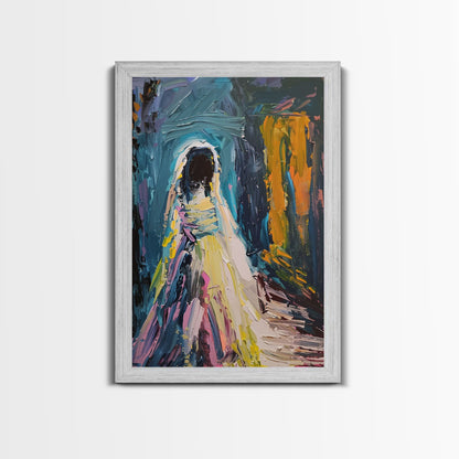 Halloween Haunted Veiled Ghost, Framed Canvas Print, Wall Art, Living Room Decor, Spooky, Ghost Art, Original Painting, Home Decor