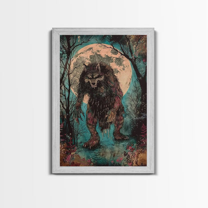 Halloween Horror Full Moon Werewolf Framed Canvas Print, Wall Art, Living Room Decor, Halloween Decor, Spooky Wall Hanging, Haunted House