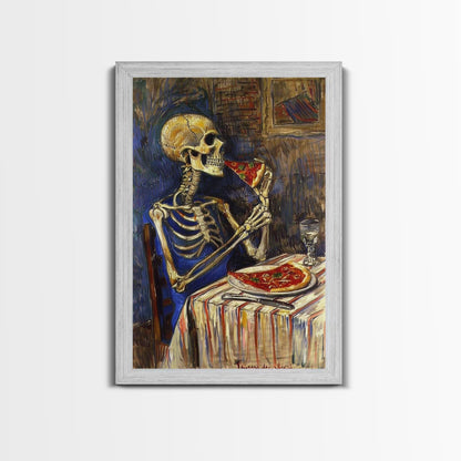 Funny Skeleton Eating A Pizza, Framed Canvas Print, Halloween Decor