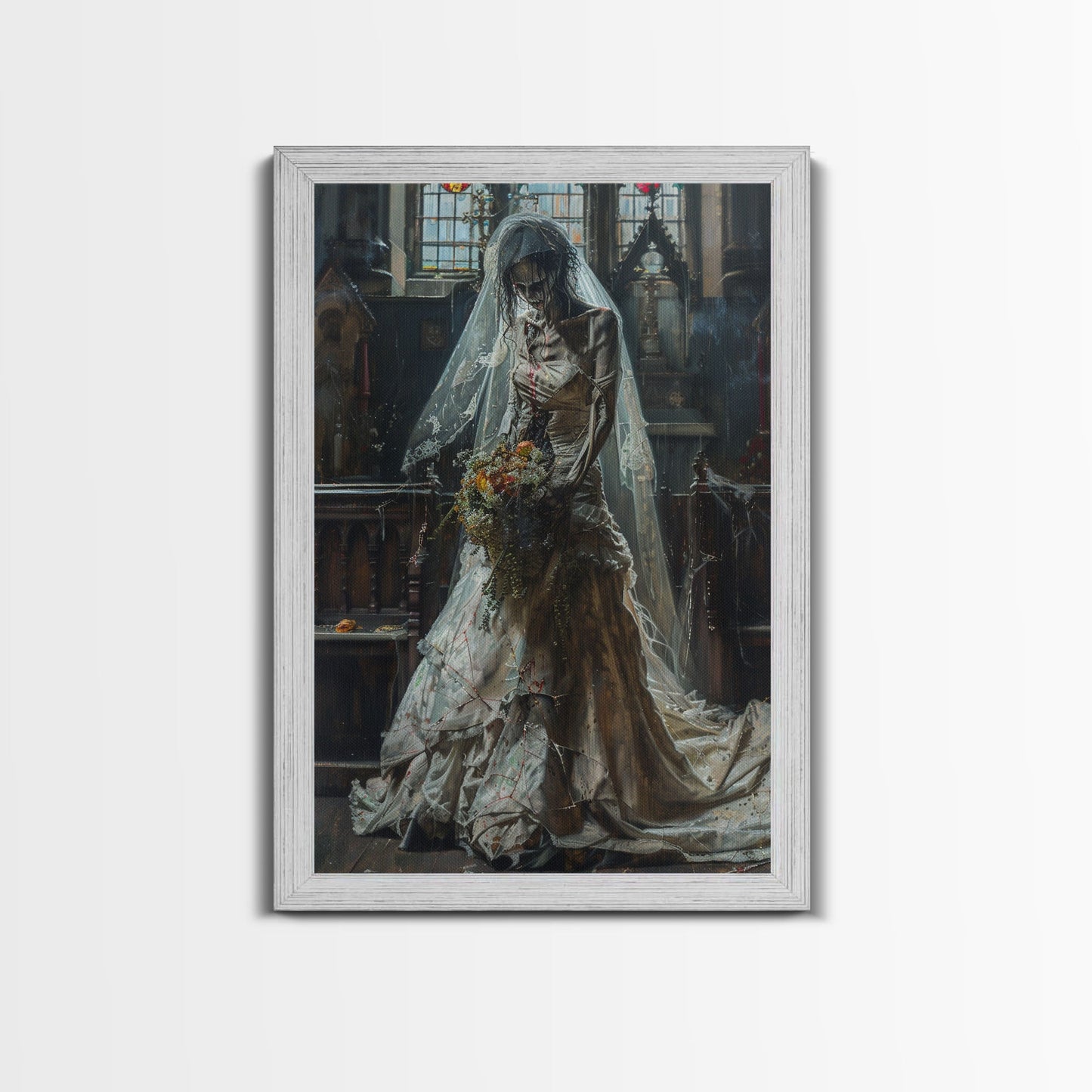 Ghostly Bride in Abandoned Church Framed Canvas Print | Halloween Bride Art | Eerie Bride Decor for Home | Haunted Wedding Artwork