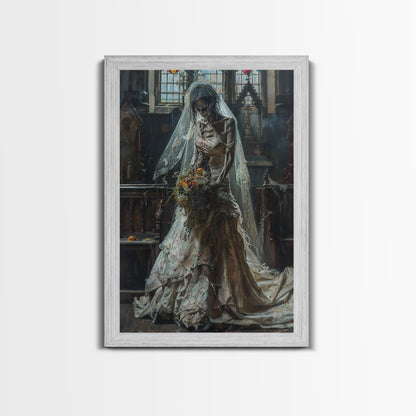 Ghostly Bride in Abandoned Church Framed Canvas Print | Halloween Bride Art | Eerie Bride Decor for Home | Haunted Wedding Artwork