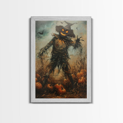 Sinister Scarecrow in Pumpkin Patch | Halloween Wall Art | Spooky Home Decor | Creepy Pumpkin Scarecrow Painting | Framed Canvas Print