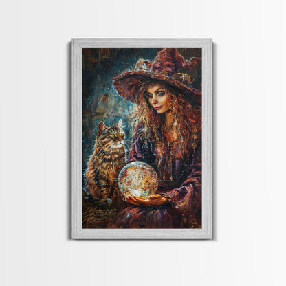 Enchanting Witch with Crystal Ball, Framed Canvas Print, Mystical Halloween Art, Spooky Witch Decor, Witchcraft Illustration, Magical Decor