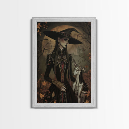 Gothic Witch with Elegant Dog, Framed Canvas Print, Dark Witch Art, Victorian Witch, Halloween Witch Decor, Gothic Home Decor