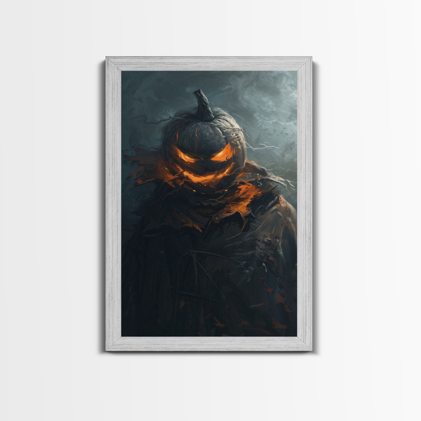 Menacing Pumpkin Head Monster Emerging from Fog - Creepy Halloween Horror Artwork Framed Canvas Print, Spooky Gothic Home Wall Decor