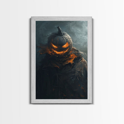 Menacing Pumpkin Head Monster Emerging from Fog - Creepy Halloween Horror Artwork Framed Canvas Print, Spooky Gothic Home Wall Decor