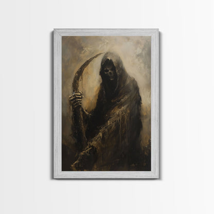 Haunting Grim Reaper with Scythe - Dark Halloween Nightmare Gothic Art Framed Canvas Print, Spooky Wall Decor