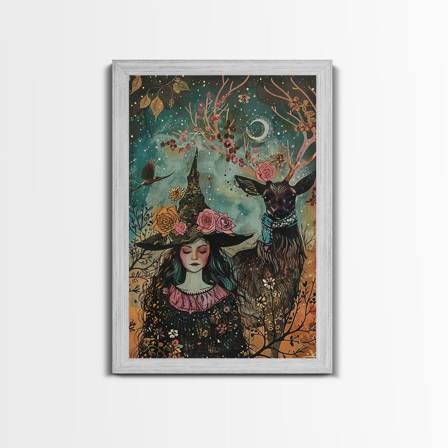 Elegant Witch with Tortoise - Halloween Art, Gothic Art, Spooky Decor, Dark Nature Art, Haunting Portrait, Framed Canvas Print