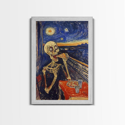 Spooky Skeleton Dude Eatin' a Pizza, Starry Night Inspired Funny Halloween Art, Framed Canvas Print