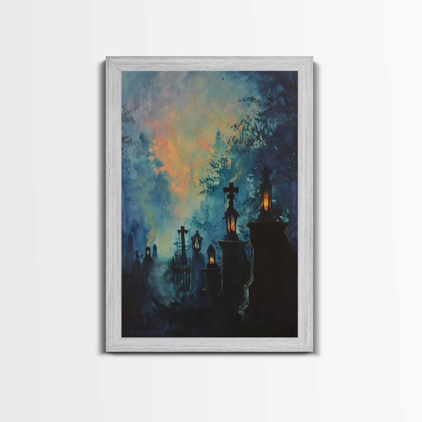 Haunted Cemetery Framed Canvas Print, Halloween Wall Art, Gothic Graveyard Art, Spooky Lantern Decor, Cemetery Lights, Horror Home Decor