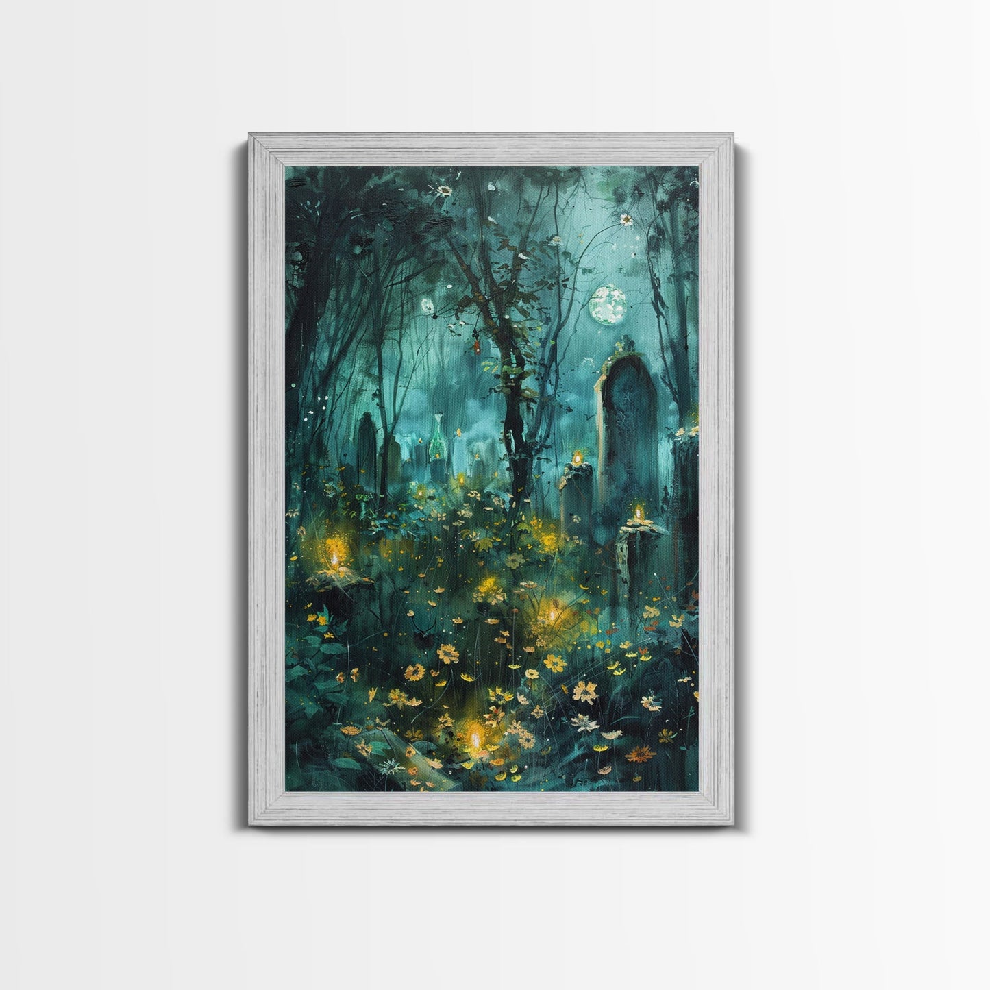 Haunted Forest Cemetery Framed Canvas Print, Wall Art, Spooky Graveyard Art, Eerie Home Decor Halloween Forest Painting Halloween Decoration