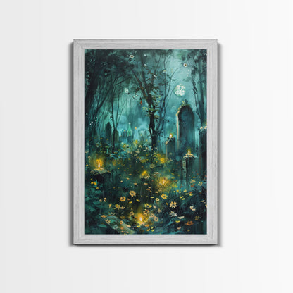 Haunted Forest Cemetery Framed Canvas Print, Wall Art, Spooky Graveyard Art, Eerie Home Decor Halloween Forest Painting Halloween Decoration