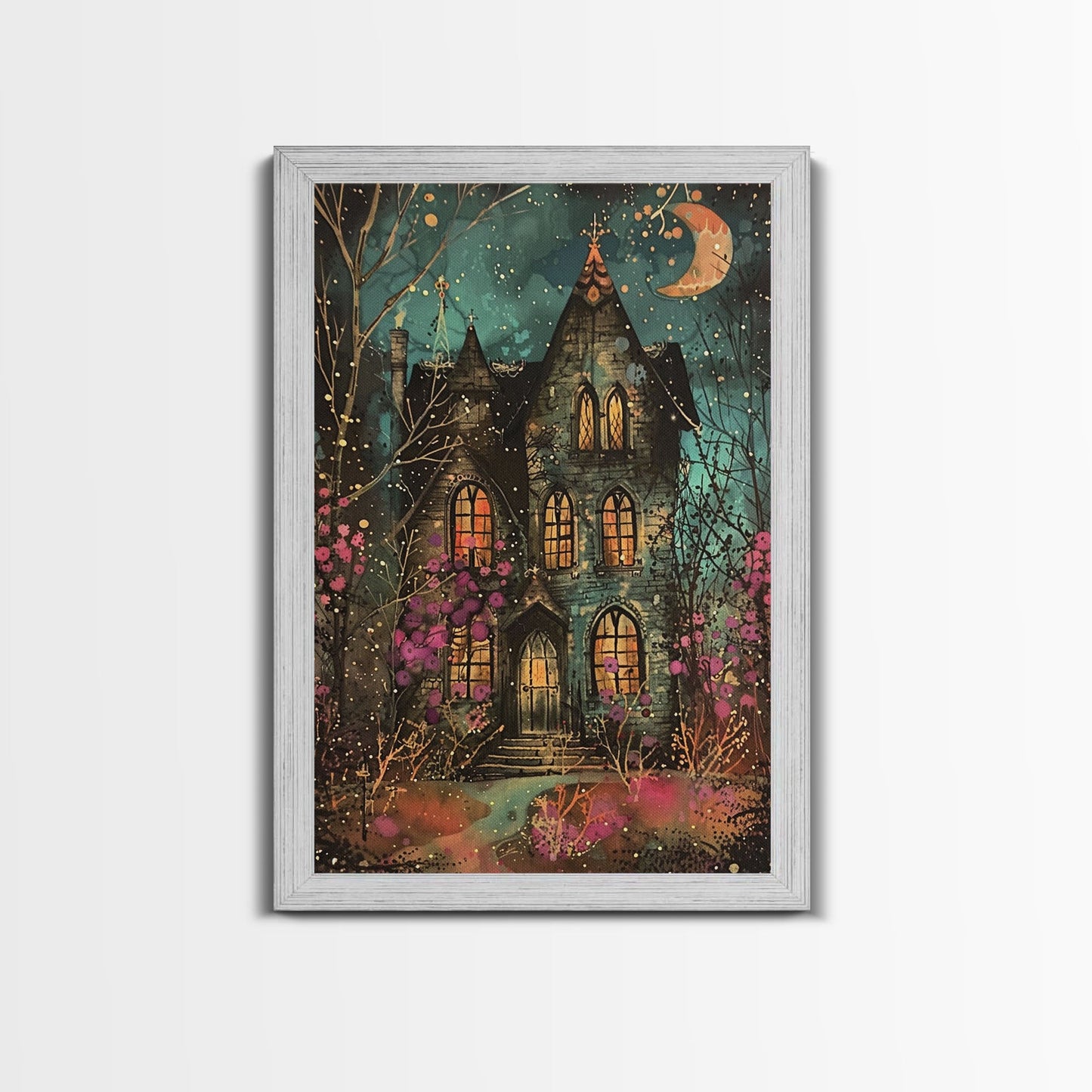 Enchanted Gothic House Framed Canvas Print, Halloween Wall Art, Spooky Art, Home Decor, Living Room Decor, Gothic Artwork, Haunted House
