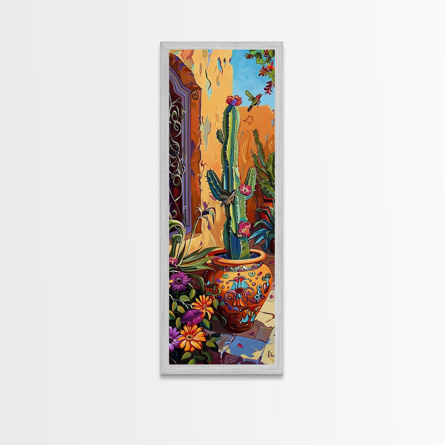Colorful Canvas Painting of Cactus Framed, Botanical Wall Art Print, Spanish Inspired Canvas Painting, Long and Narrow Living Room Wall Art
