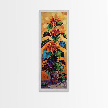 Oversized Spanish Style Poinsettia Canvas Painting Framed and Printed, Botanical Wall Art, Textured Canvas Painting, Vertical Framed Art