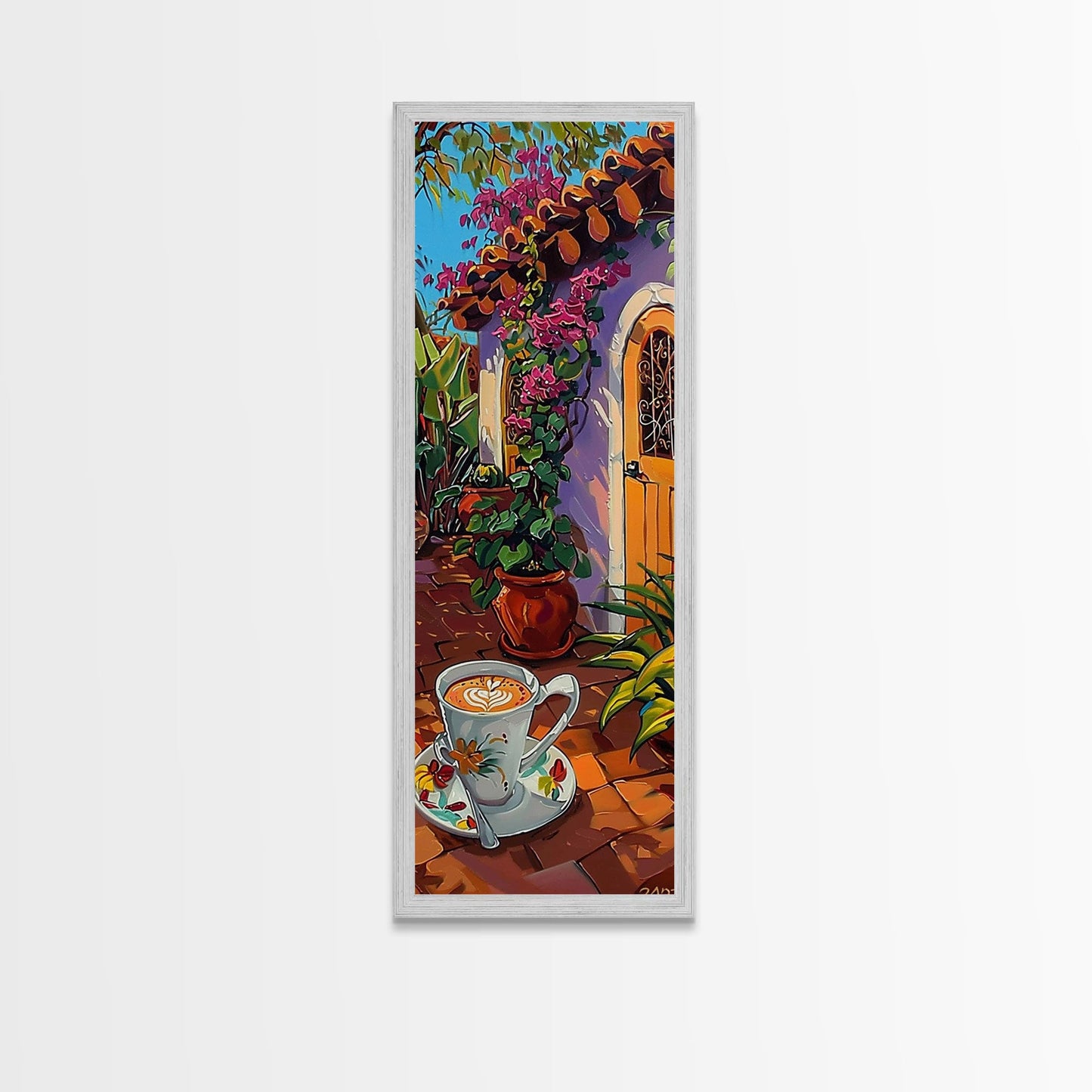 Rustic Garden Oil Painting Framed and Printed on Canvas, Tall Narrow Triptych Art Print, Coastal Art, Coffee Art, Contemporary Art Print