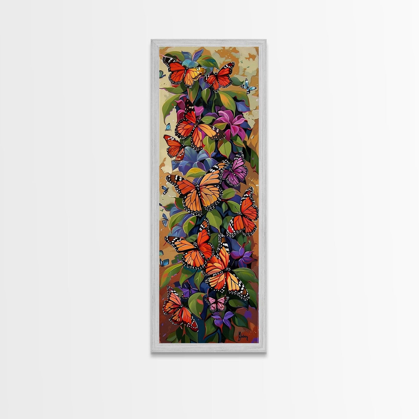 Colorful Butterfly Vertical Framed Canvas Oil Painting, Abstract Botanical Wall Art, Gouache Style Painted Art, Housewarming Gift for Her