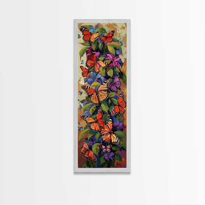 Colorful Butterfly Vertical Framed Canvas Oil Painting, Abstract Botanical Wall Art, Gouache Style Painted Art, Housewarming Gift for Her