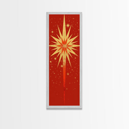 Retro Sunburst Art on Distressed Background - Framed Canvas Print, Midcentury Modern Skinny Art, Tall Wall Art for Living Room or Bedroom Decor