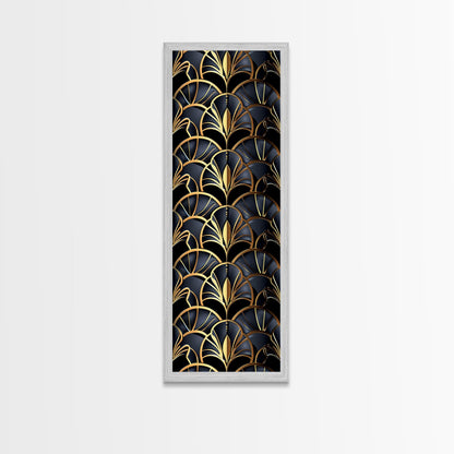 Gold Art Deco Pattern on Black Background - Framed Canvas Print, Midcentury Modern Art, Skinny Art, Tall Art, Living Room Wall Decor, Minimalist Art