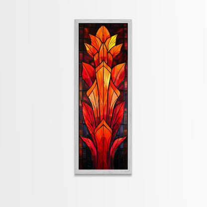 Red and Orange Floral Stained Glass Design - Framed Canvas Print, Midcentury Modern Art, Skinny Art, Tall Art, Living Room Wall Decor, Boho Art