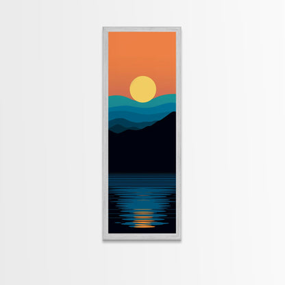 Minimalist Sunset Over Mountains Midcentury Modern Art - Framed Canvas Print, Boho Art, Skinny Art, Living Room Art, Bedroom Decor, Landscape