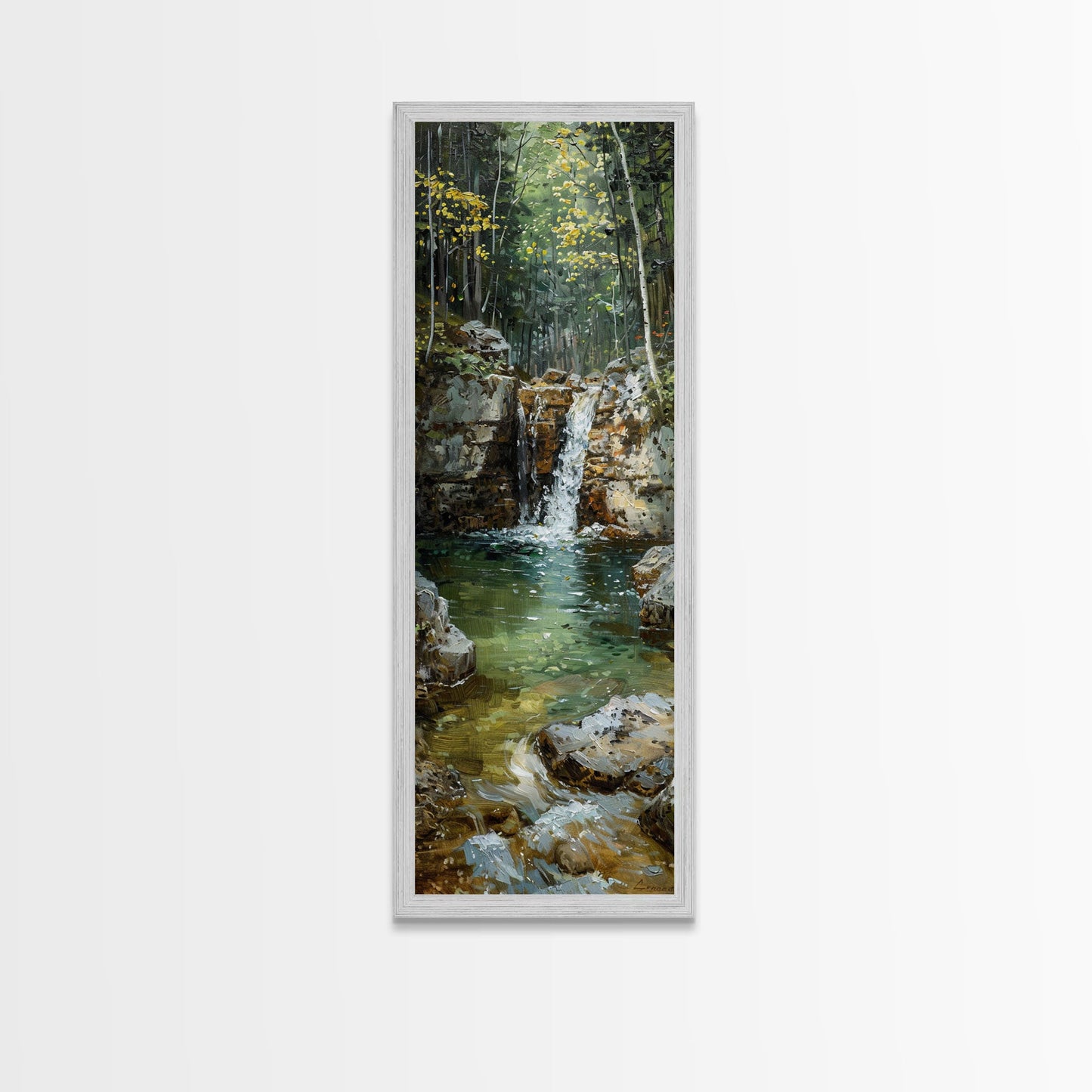 Framed Canvas Print Skinny Art of a Serene Waterfall Cascading into a Tranquil Pool in a Lush Forest Landscape, Perfect Tall Art for Nature Lovers