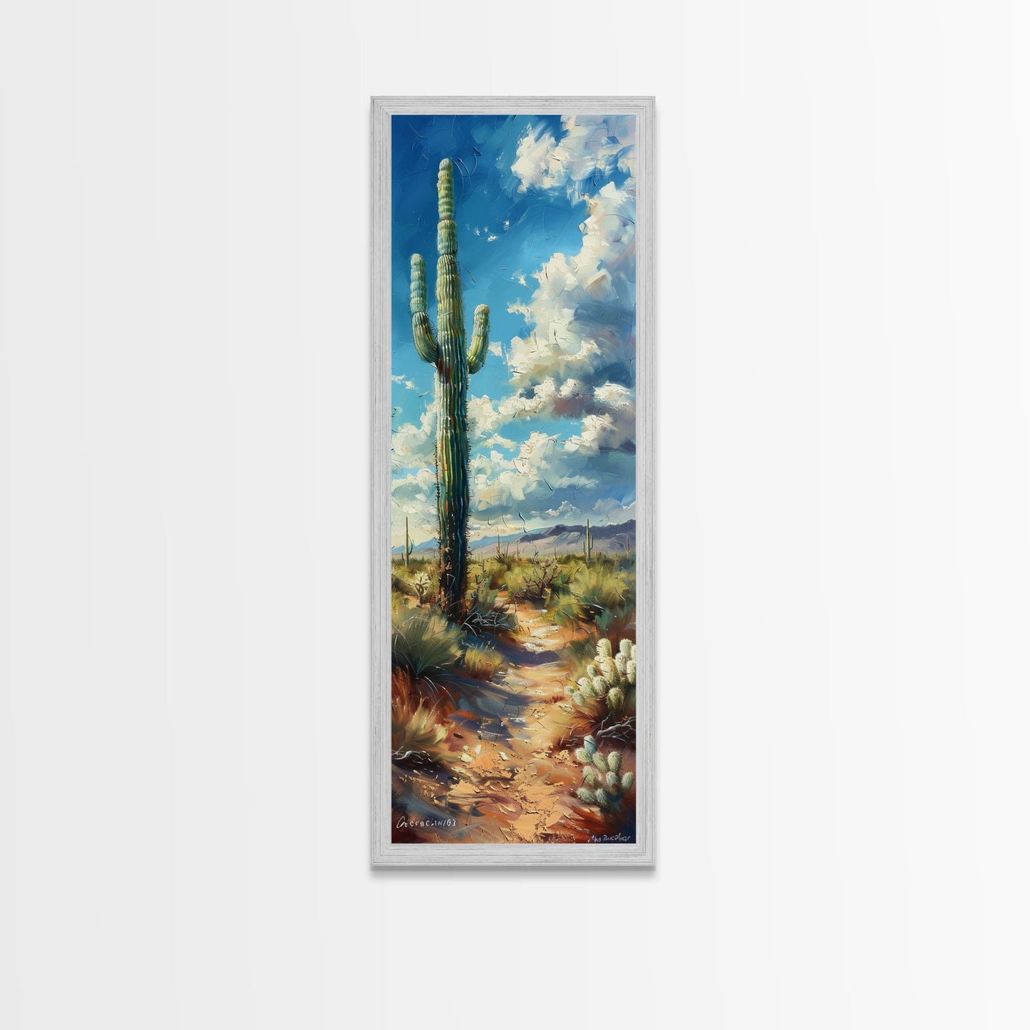 Iconic Saguaro Cactus in a Desert Landscape Under a Bright Blue Sky on a Framed Canvas Print Tall Art Piece