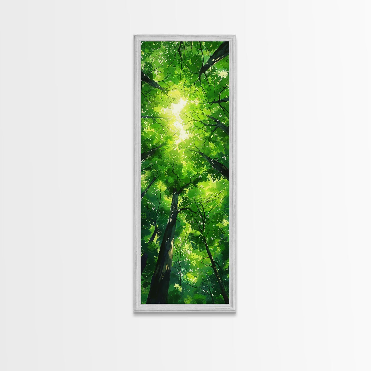 Lush Green Forest Canopy View as Tall Skinny Art Framed Canvas Print for Relaxing Wall Decor in Homes or Offices