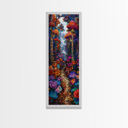 Fantasy Forest Pathway with Giant Mushrooms as Tall Skinny Art Framed Canvas Print for Whimsical Wall Decor in Unique Spaces