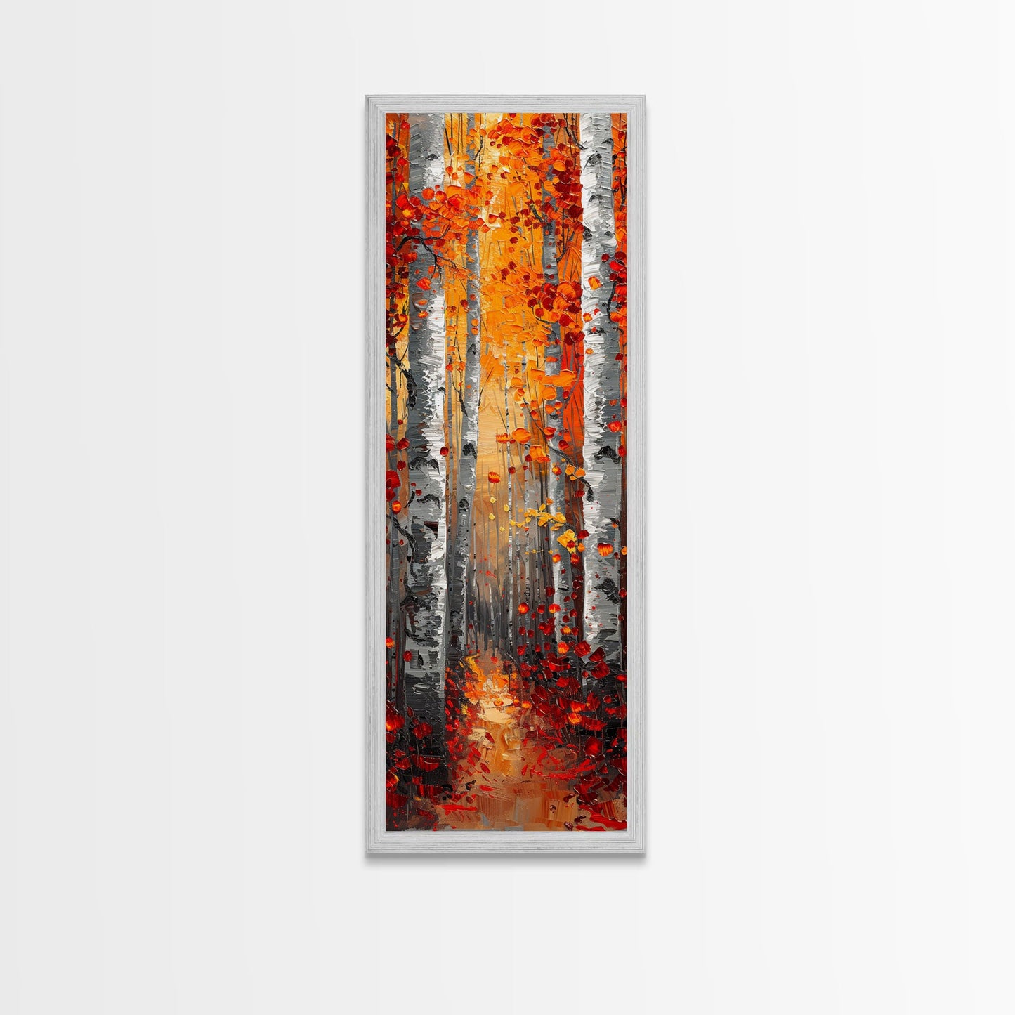Fall Birch Tree Forest, Framed Canvas Print, Skinny / Tall Wall Art, Living Room Decor, Landscape Painting, Nature Decor