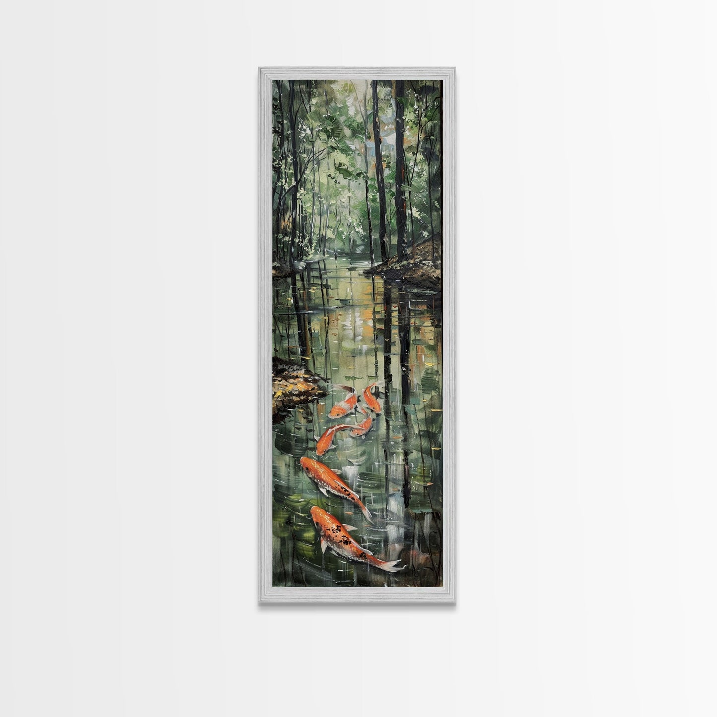 Elegant Koi Fish Swimming Serene Water Garden Nature Art Framed Canvas Print Tall Art Japanese Style Art