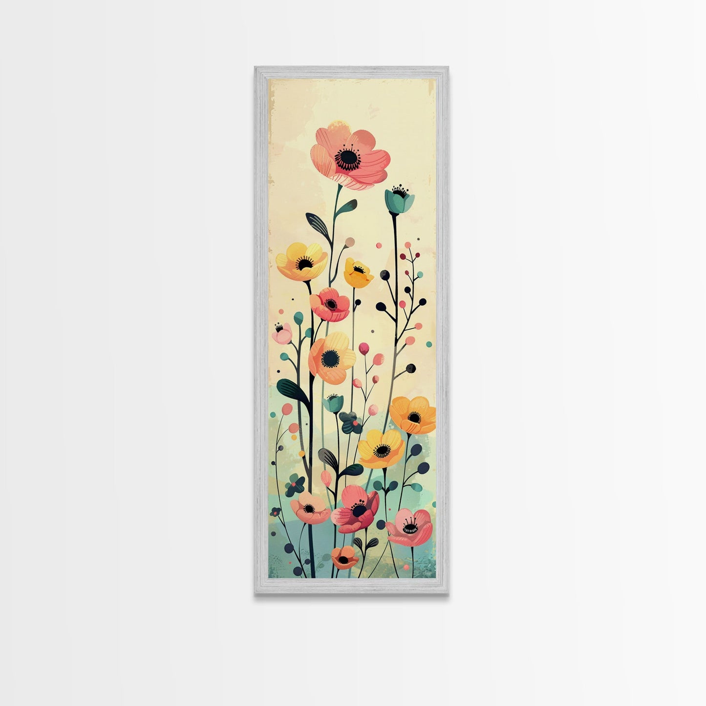 Bright Field of Wildflowers Skinny Art Tall Art Japanese Ukiyo-e Inspired Floral Print Framed Canvas Wall Art
