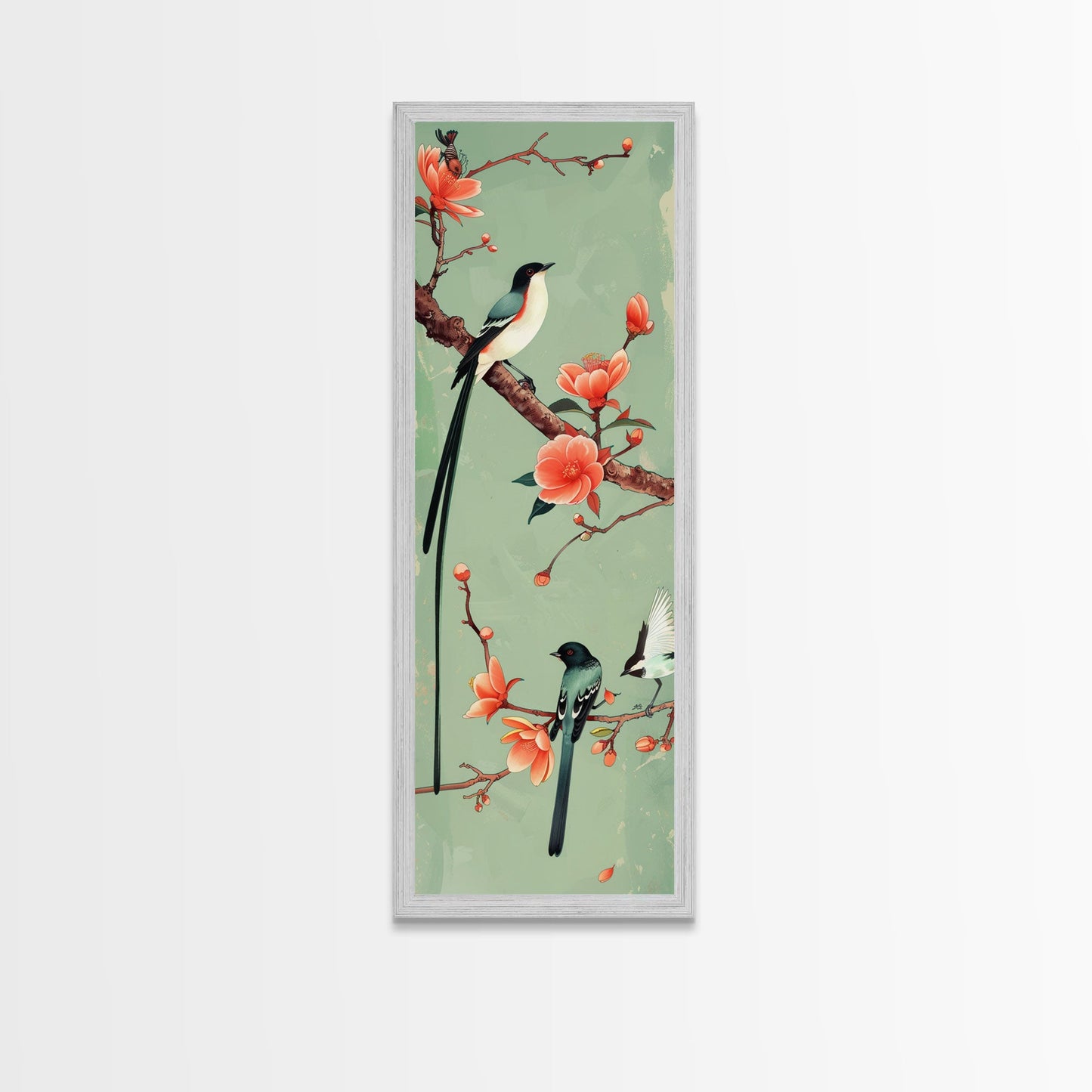 Elegant Birds on Branches Skinny Art Tall Art Japanese Ukiyo-e Inspired Bird and Nature Framed Canvas Print