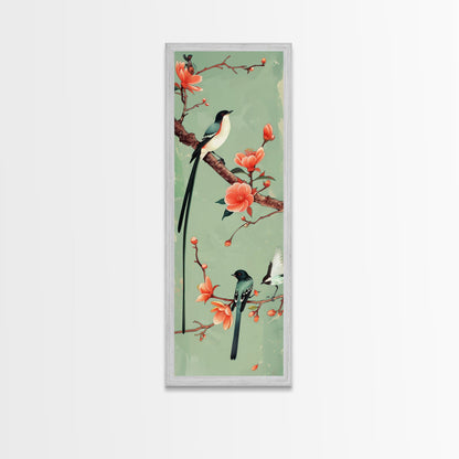 Elegant Birds on Branches Skinny Art Tall Art Japanese Ukiyo-e Inspired Bird and Nature Framed Canvas Print