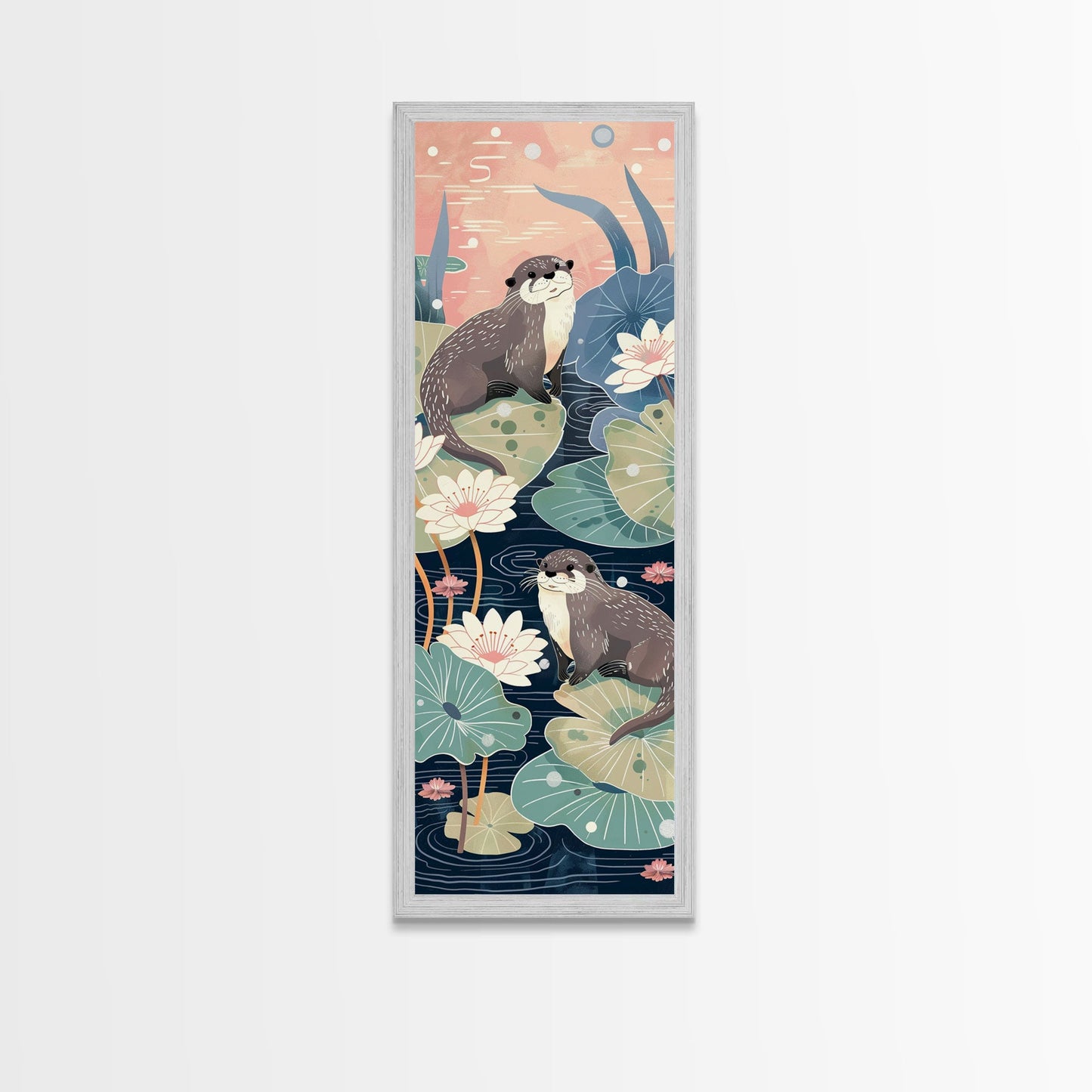 Playful Otters Amidst Lily Pads on Japanese-Inspired Tall Vertical Canvas Print Perfect for Nature-Inspired Wall Decor