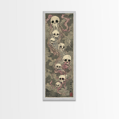Hauntingly Beautiful Floating Skulls on Tall Vertical Canvas Print Featuring Japanese Ghostly Art in Eerie Style