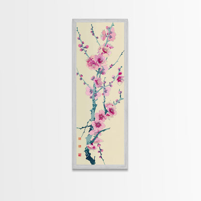 Plum Blossom Branch in Japanese Skinny Art with Delicate Pink Flowers – Framed Canvas Print