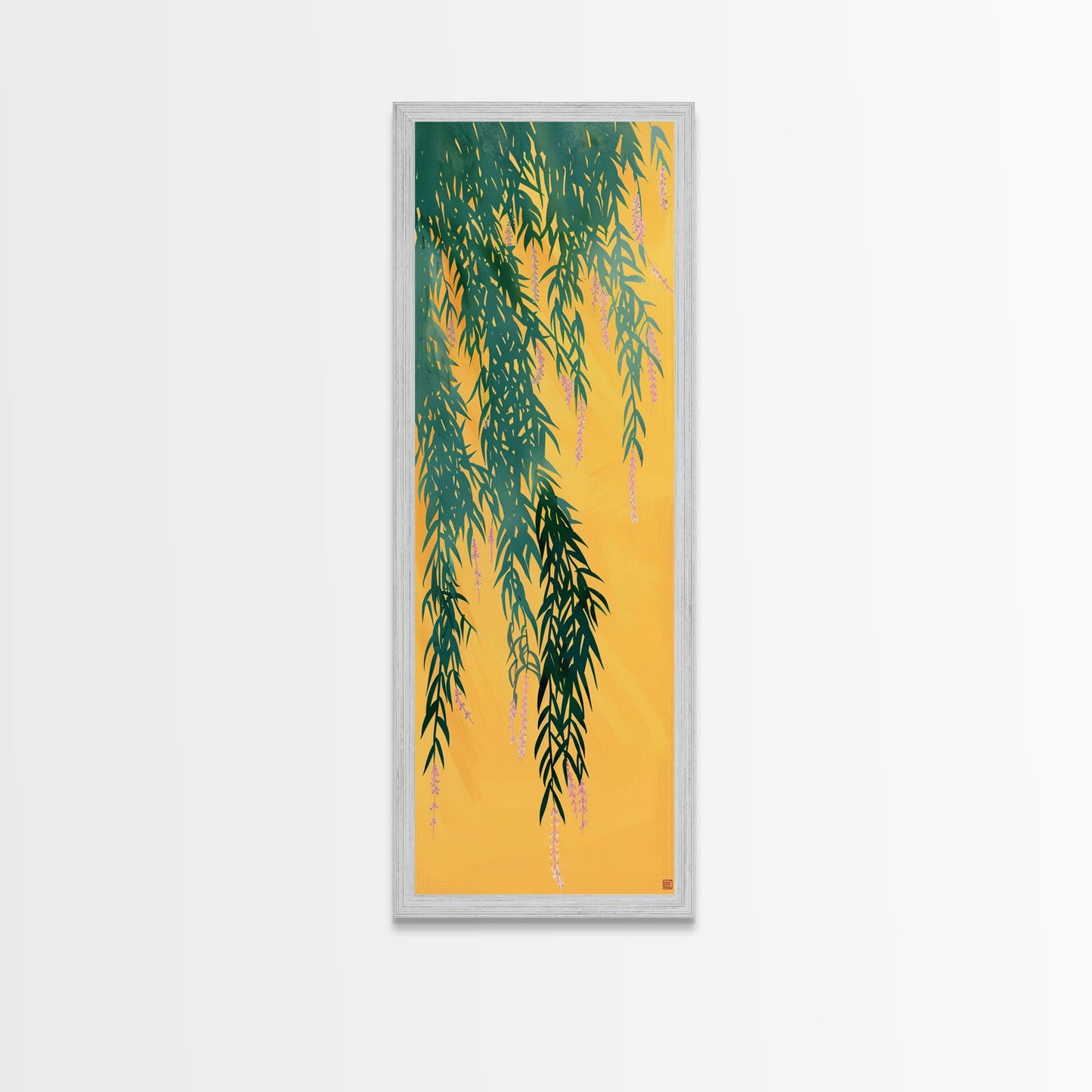 Japanese Skinny Art of Wisteria Hanging Over a Golden Background – Framed Canvas Print