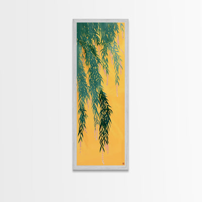 Japanese Skinny Art of Wisteria Hanging Over a Golden Background – Framed Canvas Print