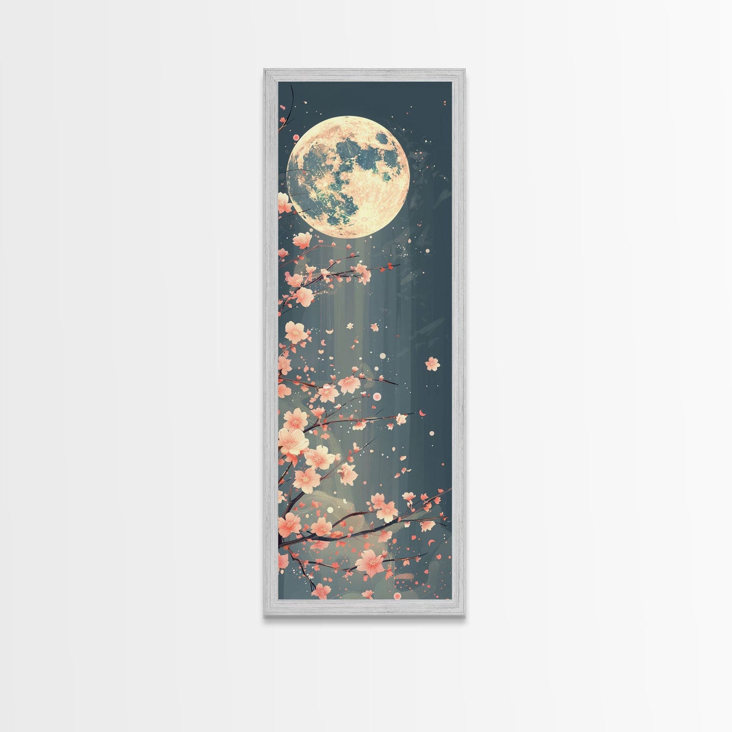 Full Moon with Cherry Blossom Ukiyo-e Art, Framed Canvas Print Perfect for Skinny and Tall Spaces, Japanese Style Art