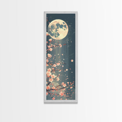 Full Moon with Cherry Blossom Ukiyo-e Art, Framed Canvas Print Perfect for Skinny and Tall Spaces, Japanese Style Art