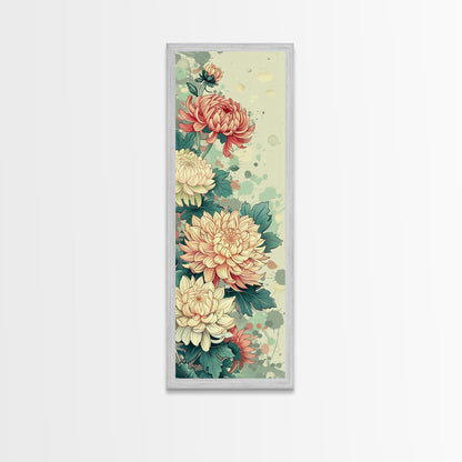 Chrysanthemums in Traditional Japanese Art, Ukiyo-e Style Framed Canvas Print Perfect for Tall and Skinny Spaces
