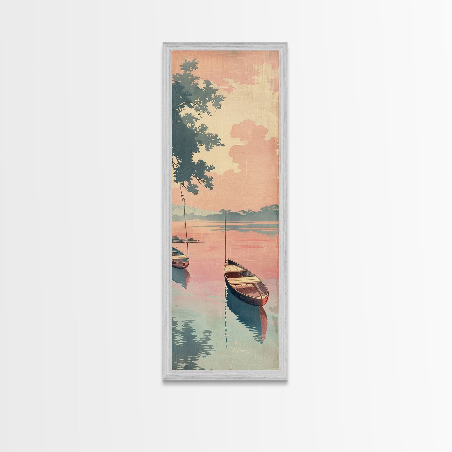 Serene Boat on Water, Autumn Trees, Japanese Art, Skinny Art, Tall Art, Framed Canvas Print, Ukiyo-e Style