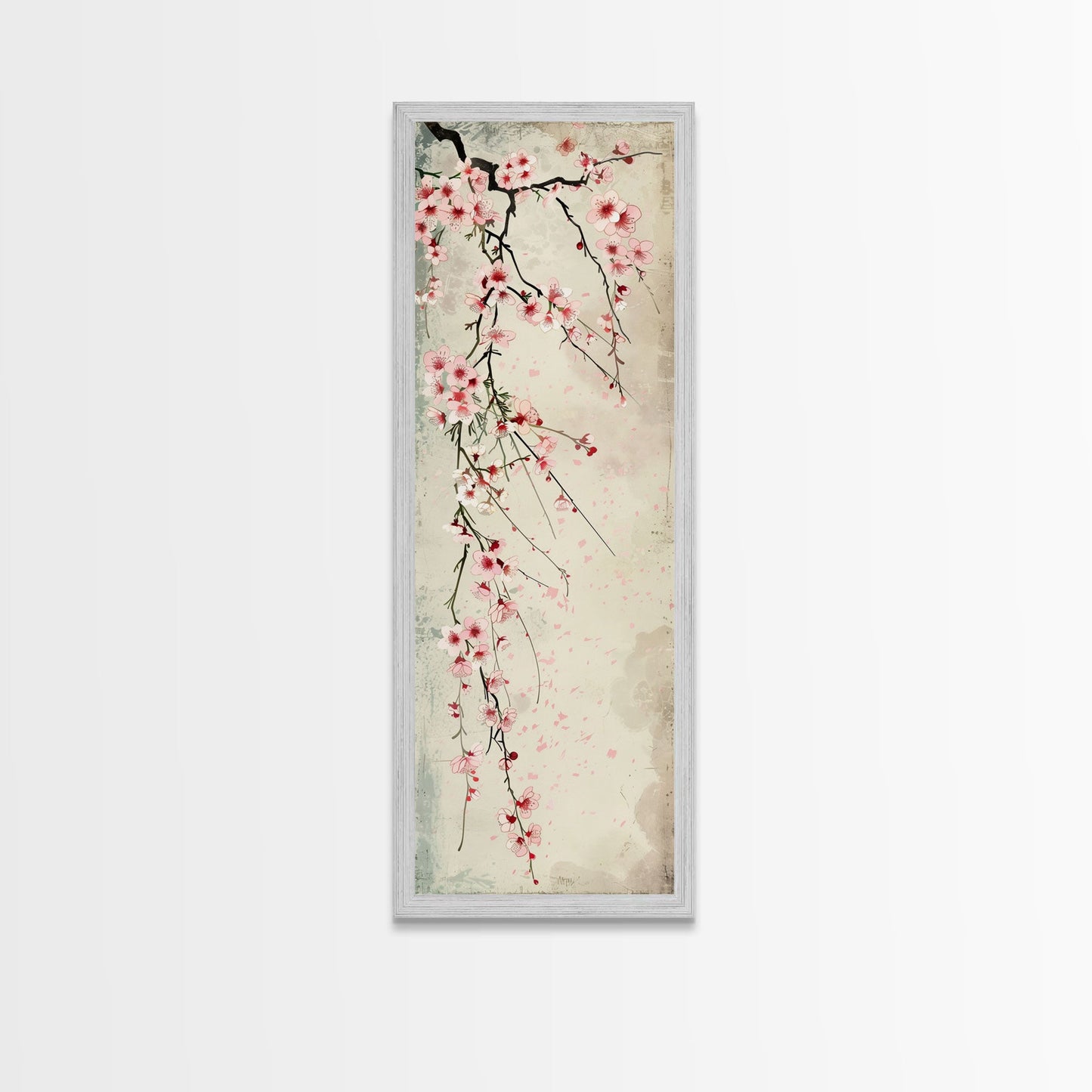 Cherry Blossoms, Full Bloom, Japanese Art, Skinny Art, Tall Art, Framed Canvas Print, Ukiyo-e Style