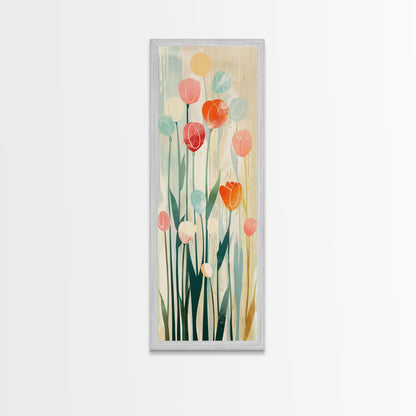 Abstract Tulips, Pastel Colors, Japanese Art, Skinny Art, Tall Art, Framed Canvas Print, Ukiyo-e Style