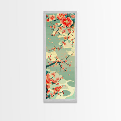 Plum Blossoms, Turquoise Sky, Japanese Art, Skinny Art, Tall Art, Framed Canvas Print, Ukiyo-e Style